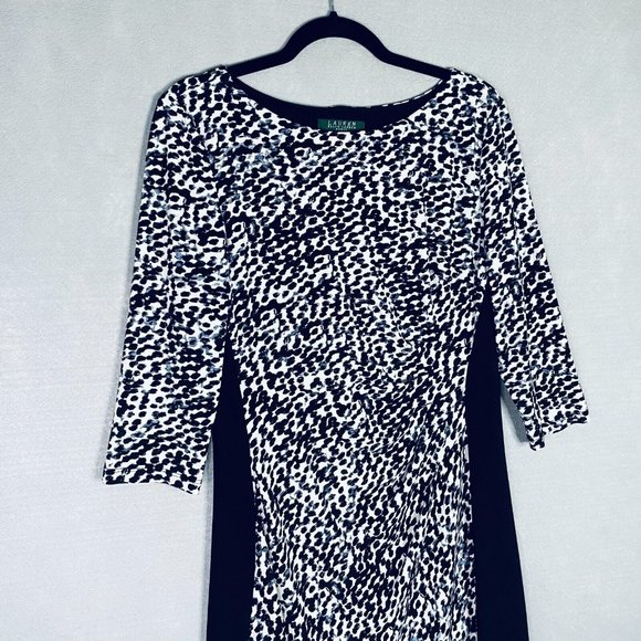Slimming Lauren Ralph Lauren Dress 12 Black Stretch Leopard Print 3/4 Sleeve - Picture 4 of 12